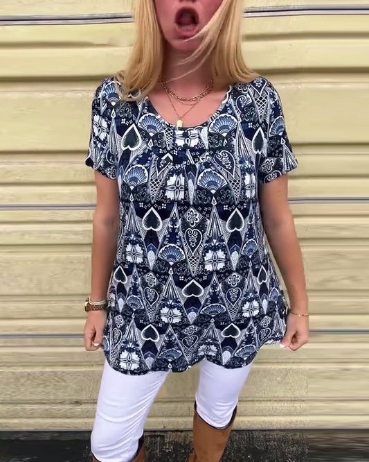 T-shirt casual retro ronde hals bedrukt