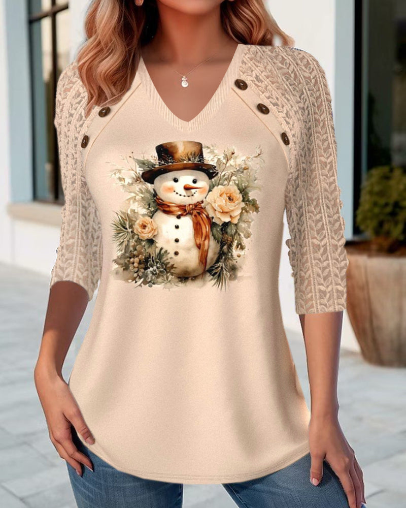 Casual top met V-hals en sneeuwpop print