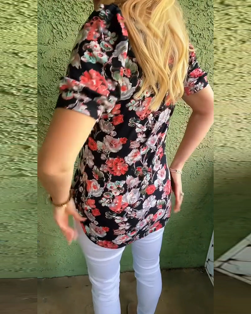 Blouse Ronde hals Poefmouw Geplooid Bloemenprint