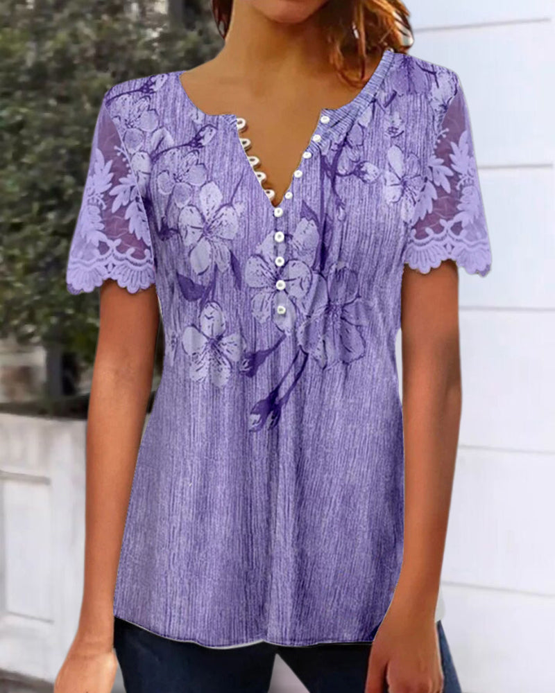 Blouse Met Kanten Inzet Ronde Hals Bedrukt