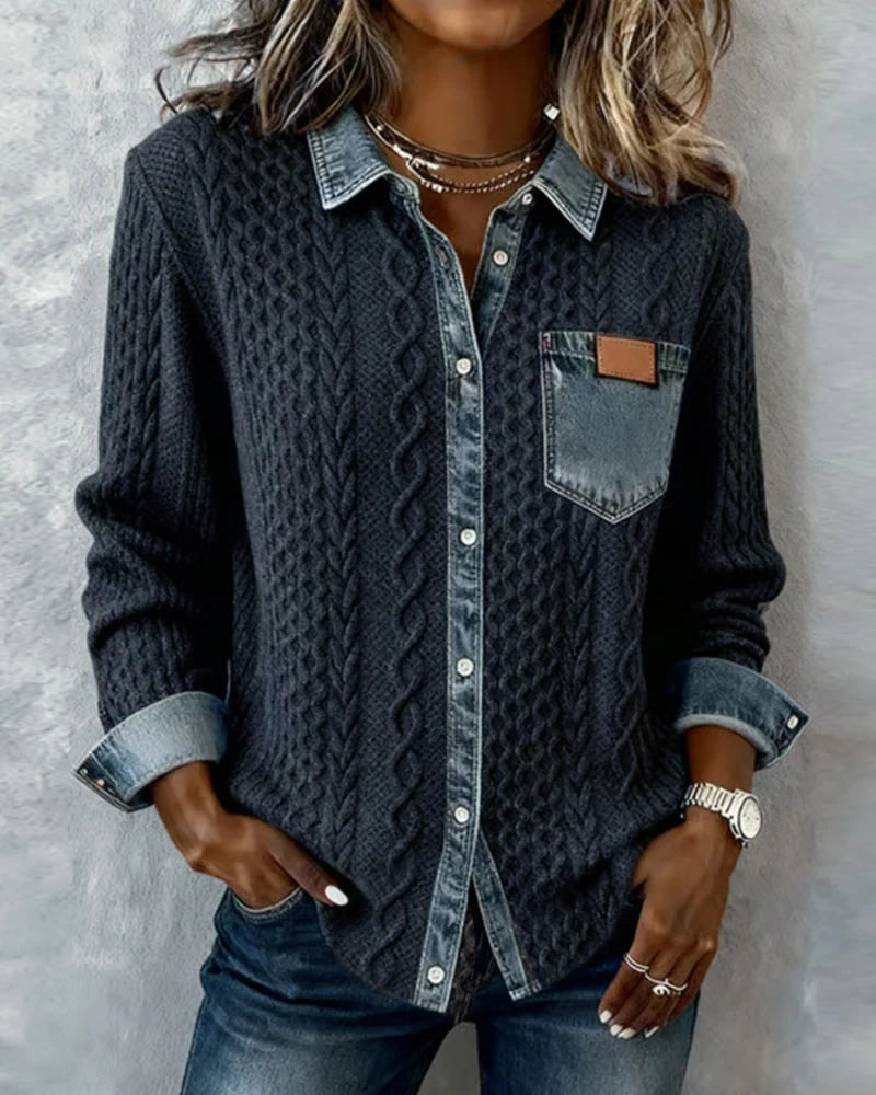 Langmouwige Blouse Met Denim-Patchwork