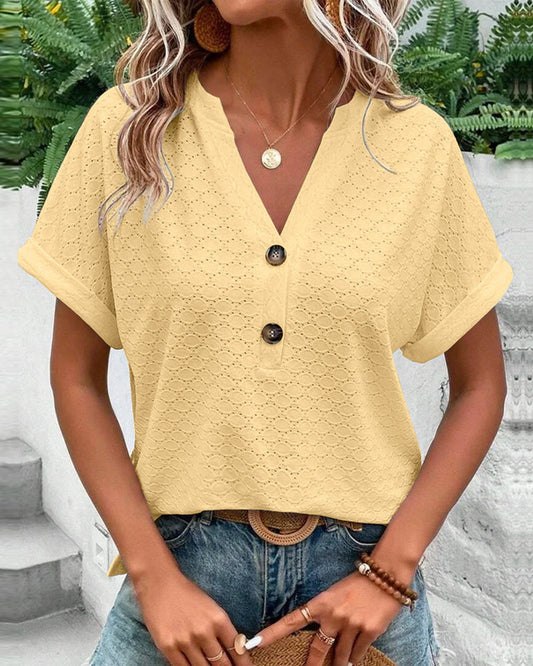 Casual blouse met V-hals in effen kleur met knoop