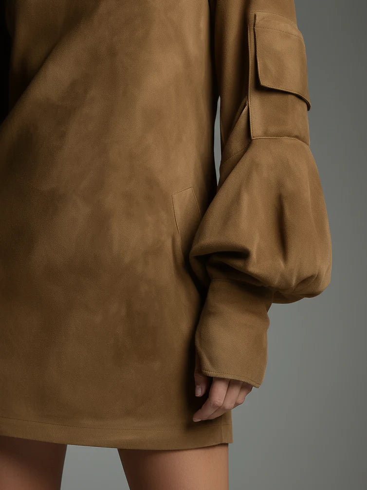 Vintage losvallende suède mini-jurk met col