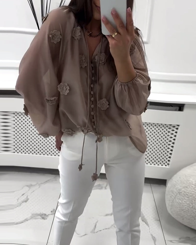 Blouse Effen Kleur 3D-Bloemen Met Vetersluiting