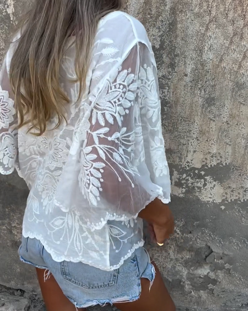 Blouse Vlindermouw Ronde Hals Geborduurd