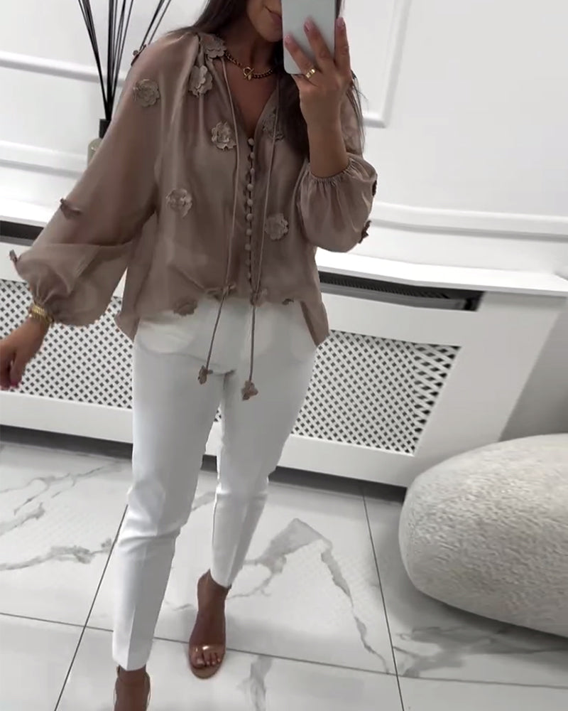 Blouse Effen Kleur 3D-Bloemen Met Vetersluiting