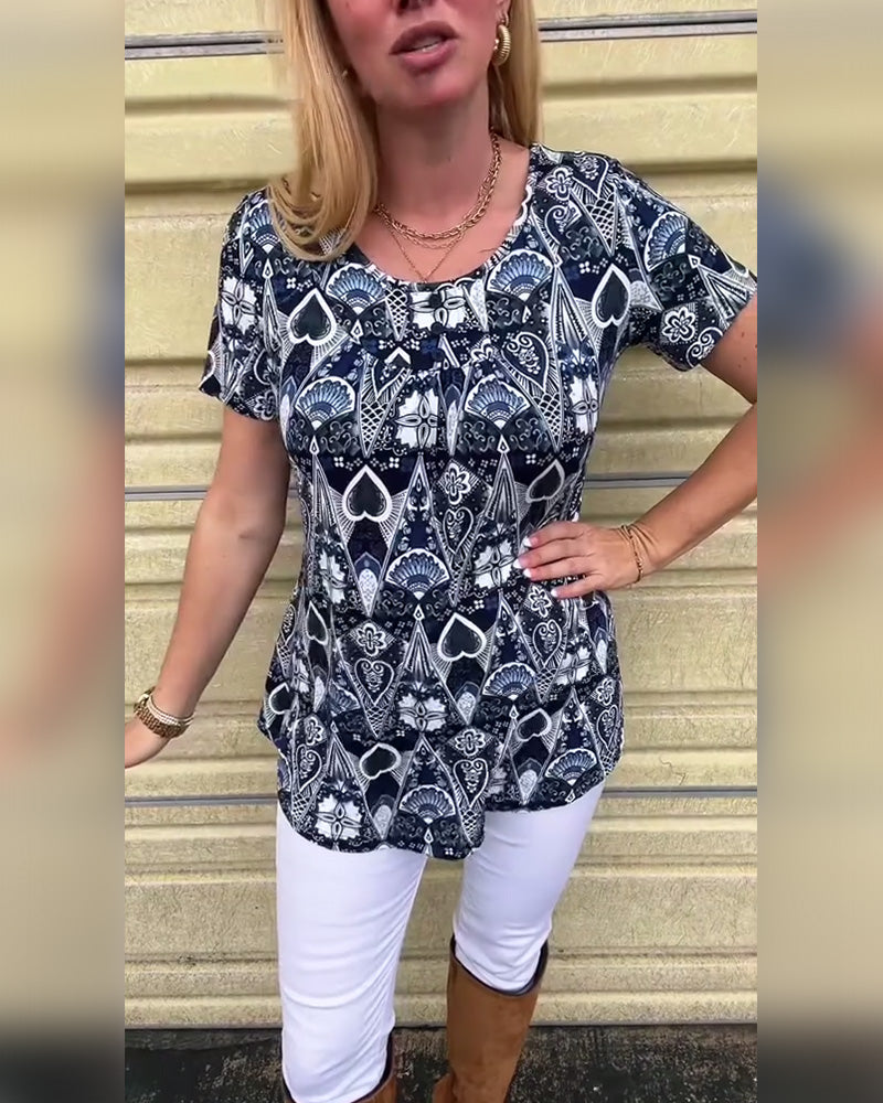 T-shirt casual retro ronde hals bedrukt