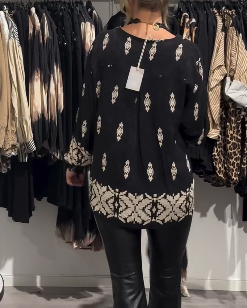 Shirt v-hals lantaarnmouw bedrukt