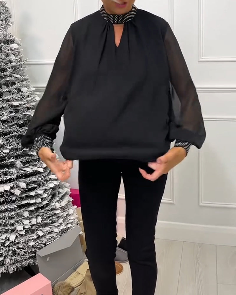 Mode effen kleur blouse met staande kraag patchwork en holle