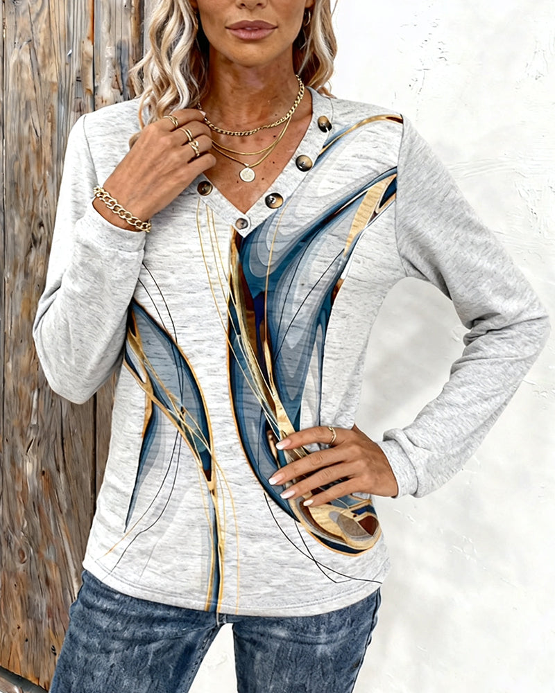 Gedrukte Casual Top Met V-Hals En Lange Mouwen