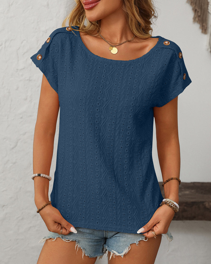 Blouse Ronde Hals Knop Uitsnijding Korte Mouwen