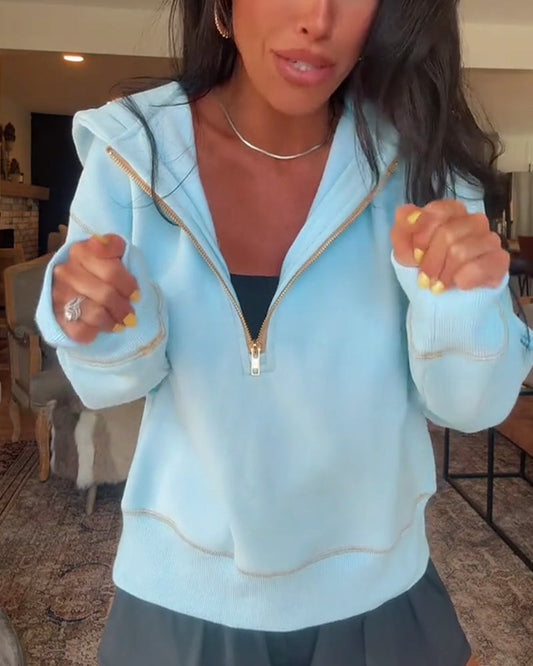 Sweatshirt casual met capuchon, effen kleur en rits