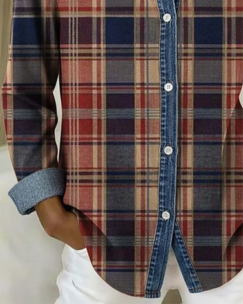 Modieuze Geruite Blouse Met Contrasterende Kleuren