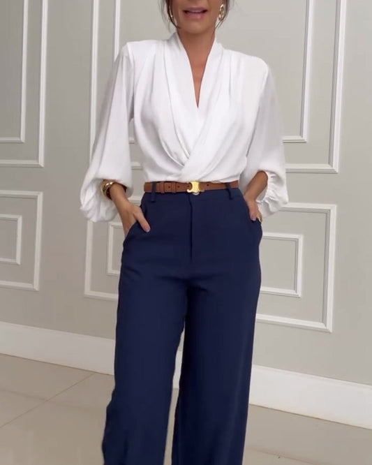 Mode effen kleur blouse met V-hals en lantaarnmouw