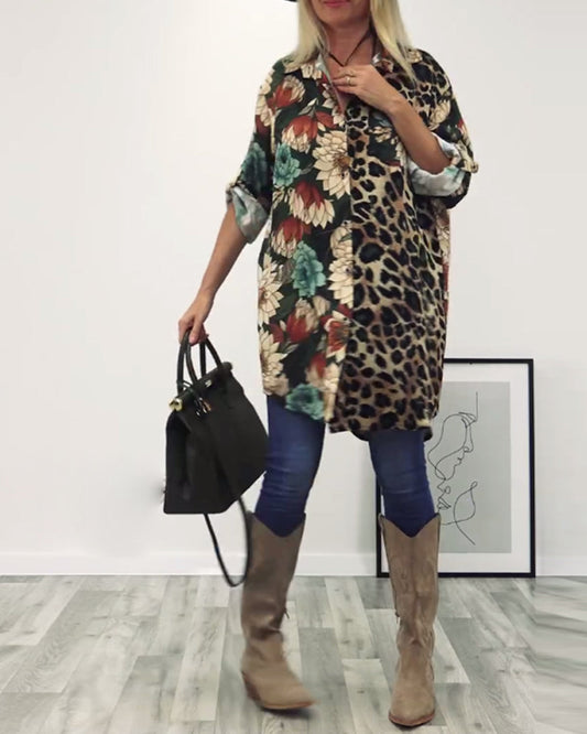 Revers overhemd met patchwork en luipaardprint