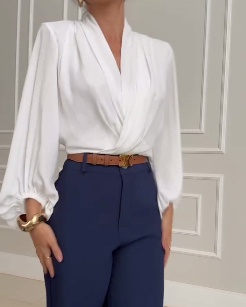 Mode effen kleur blouse met V-hals en lantaarnmouw