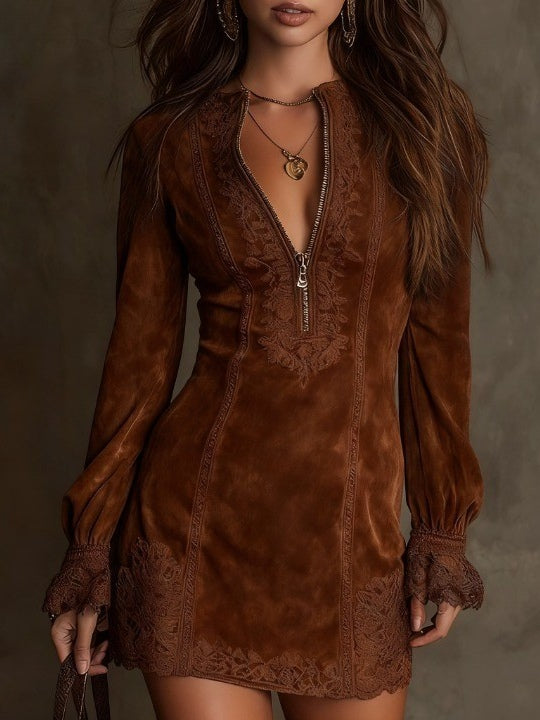 Vintage blauwe suède mini-jurk met kanten afwerking