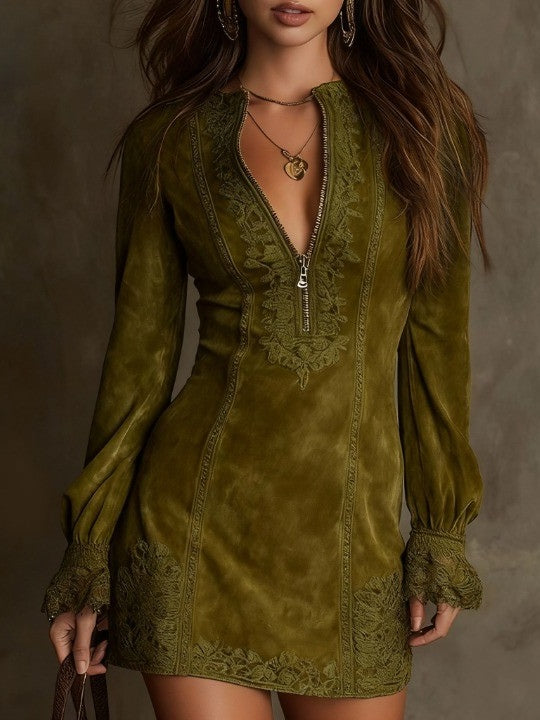 Vintage blauwe suède mini-jurk met kanten afwerking